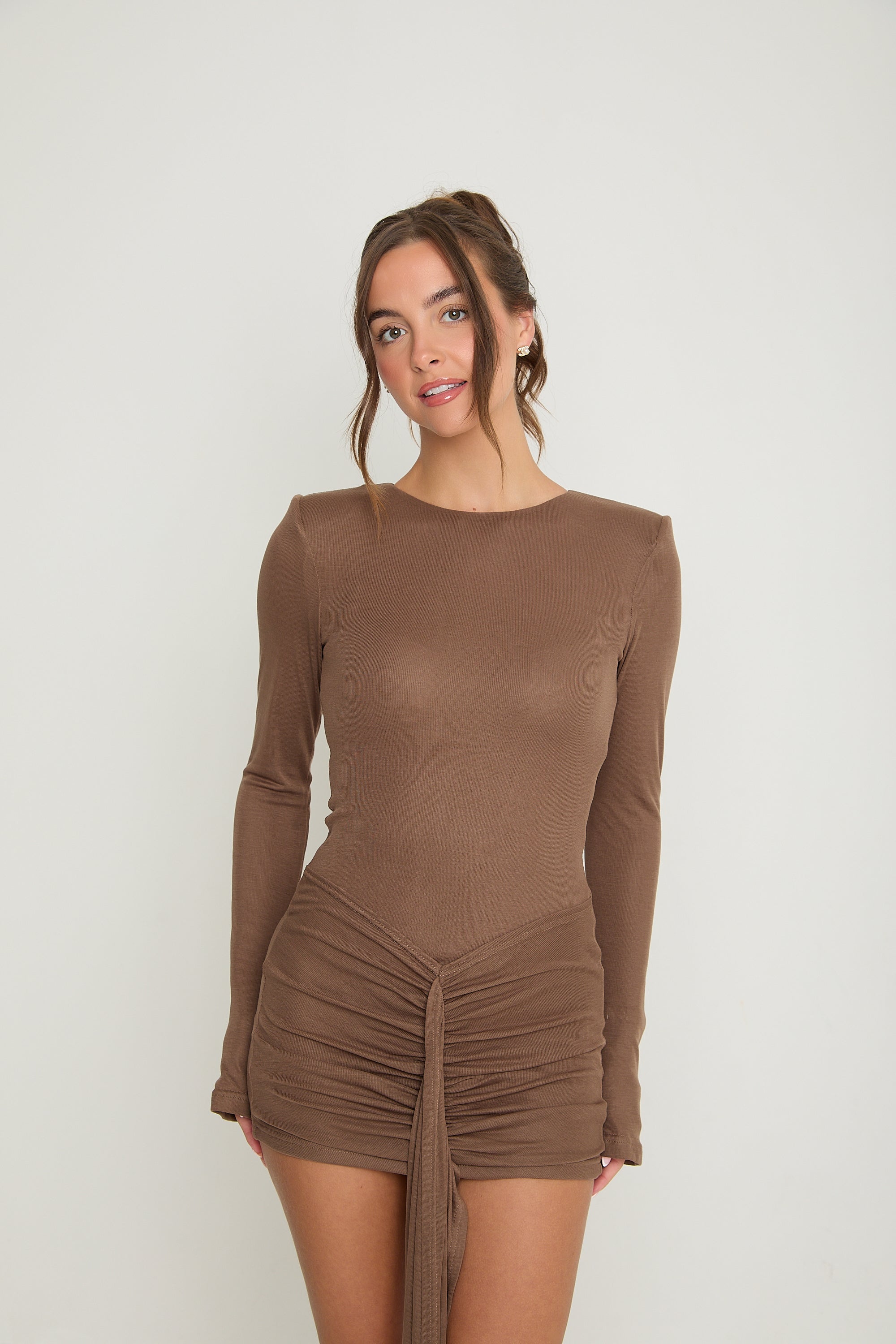 Naomi Ruched Drape Dress | Brown