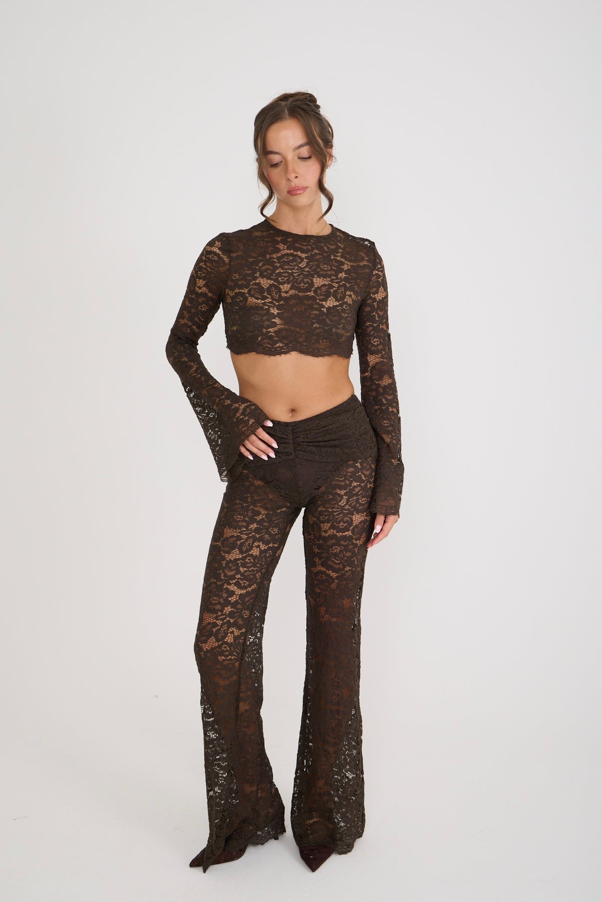 Tate Lace Cropped Top | Brown
