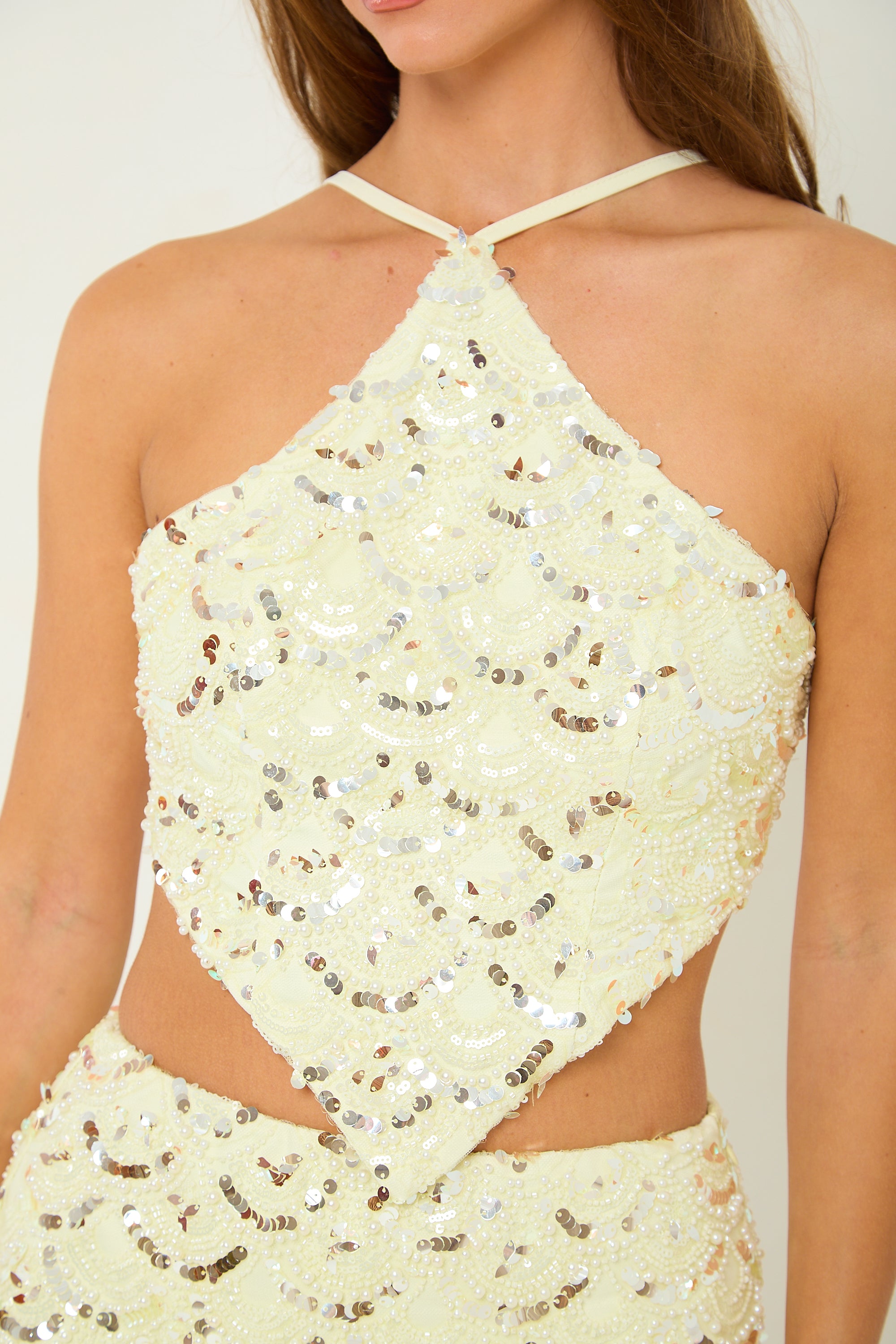 Polly Beaded Halterneck Top | Lemon