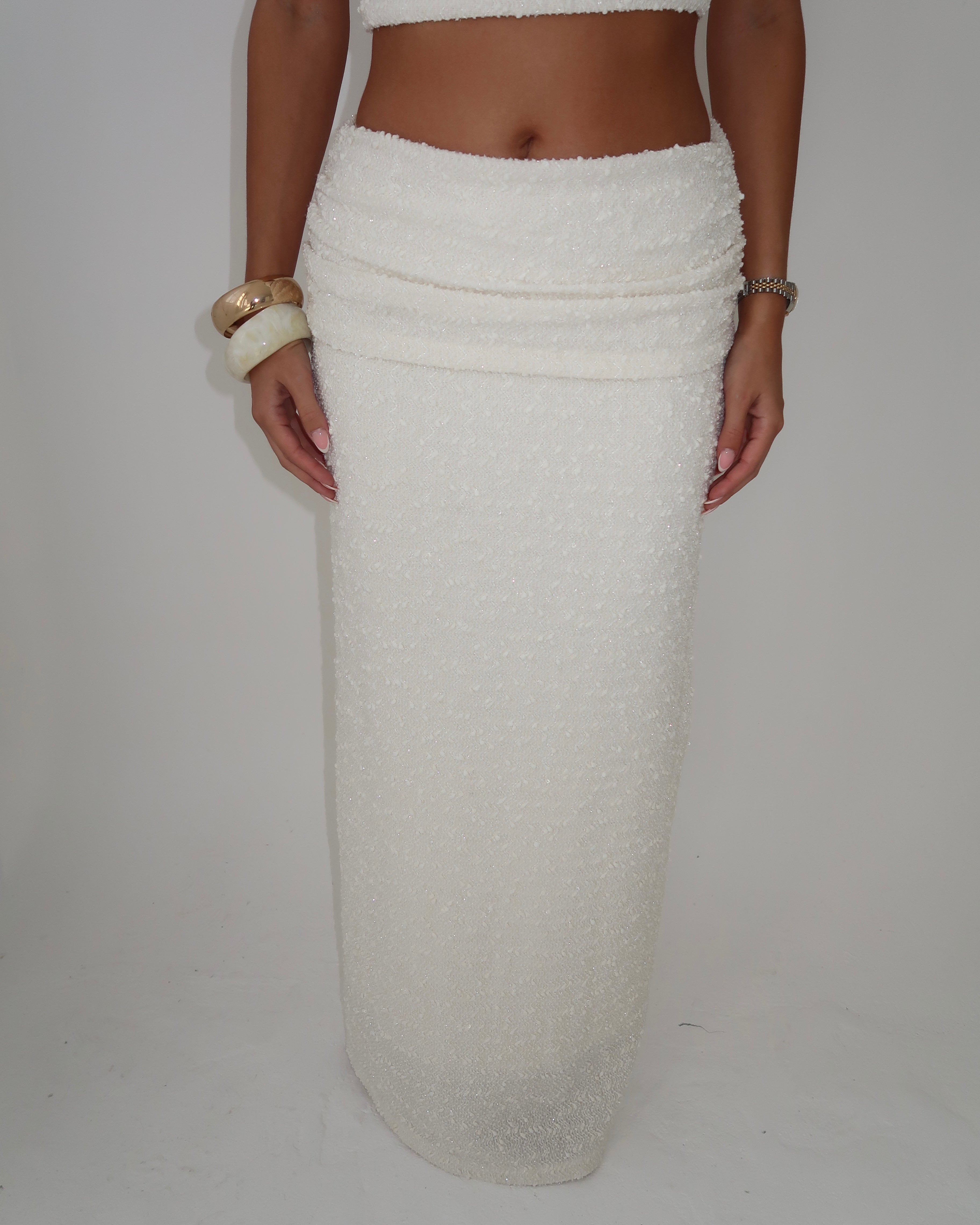 Cream Ruched Waist Maxi Skirt