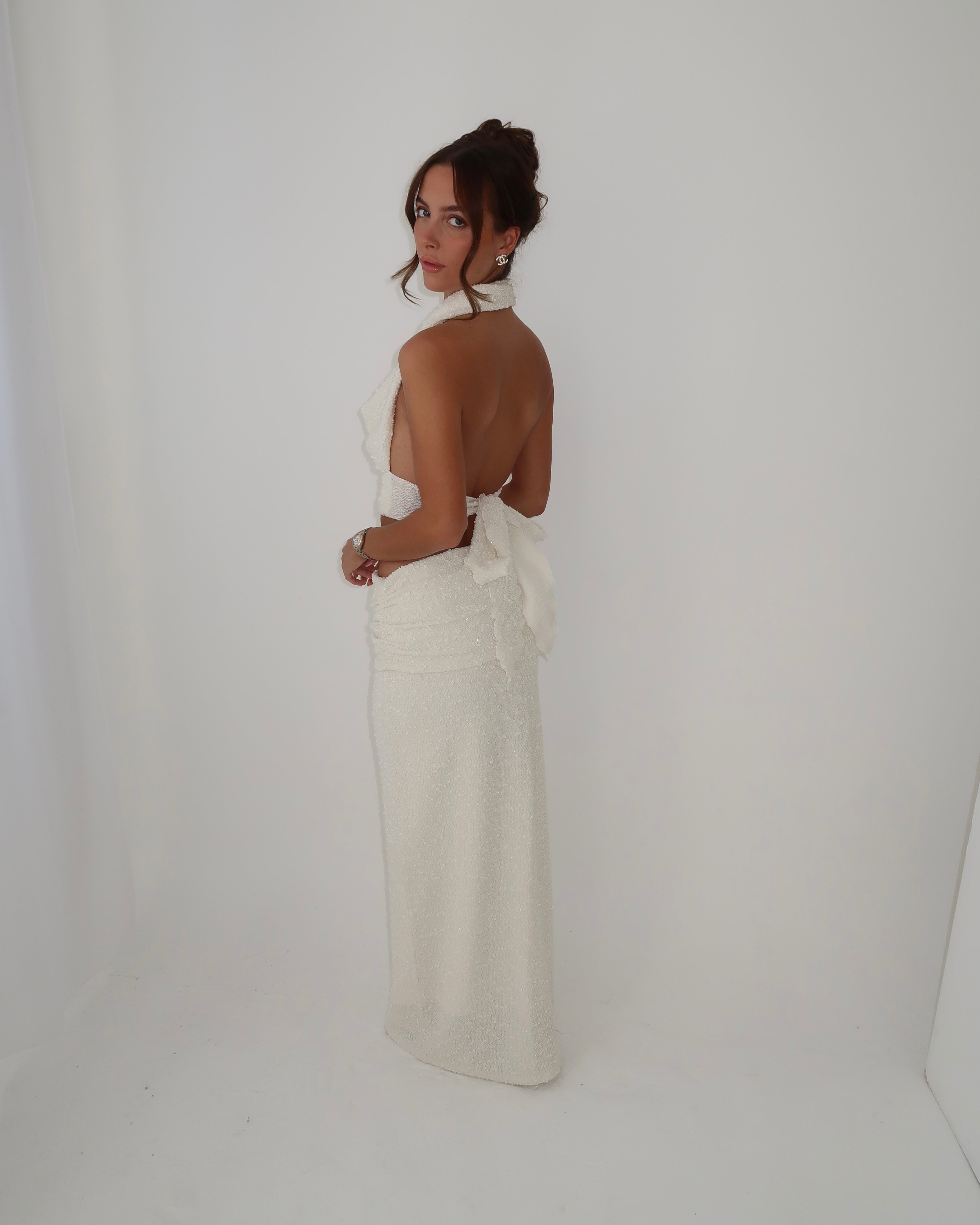 Cream Ruched Waist Maxi Skirt