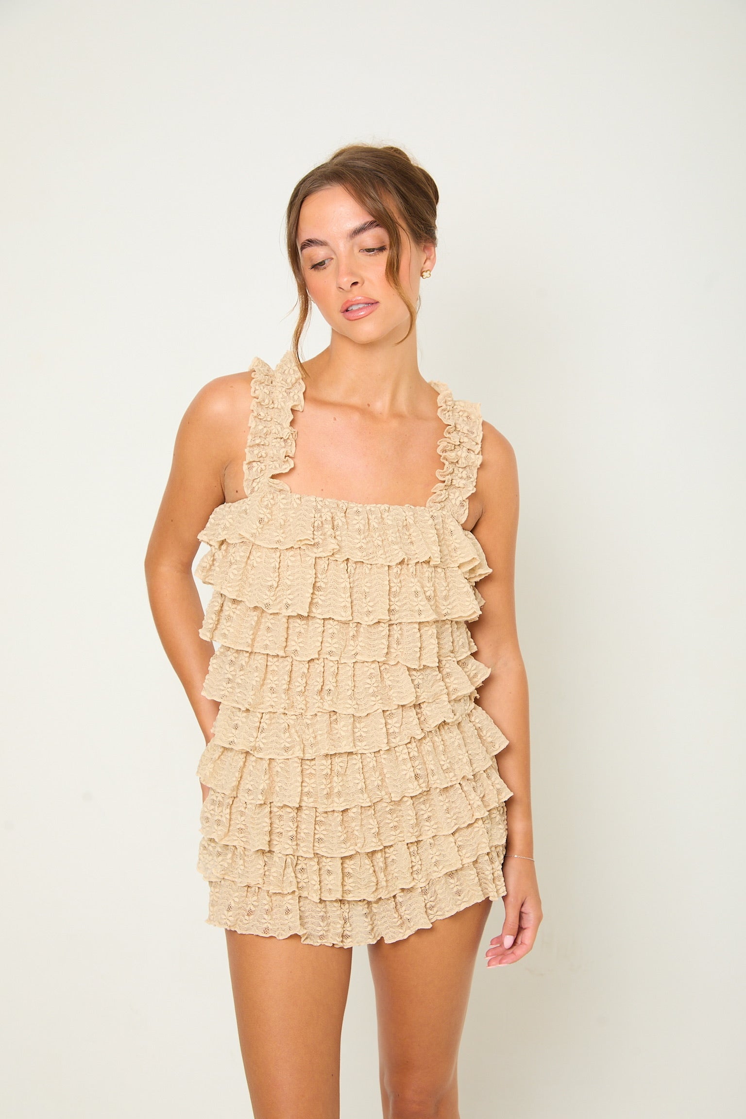 Macy Lace Ruffle Playsuit | Beige