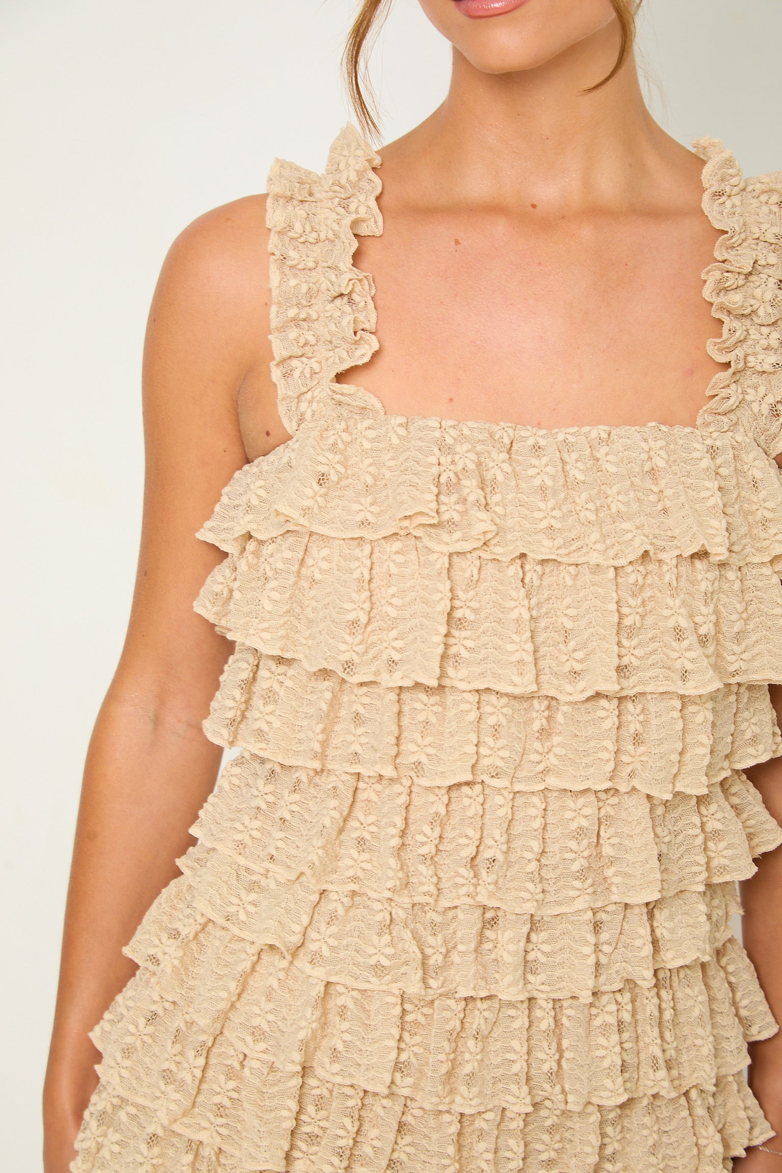 Macy Lace Ruffle Playsuit | Beige