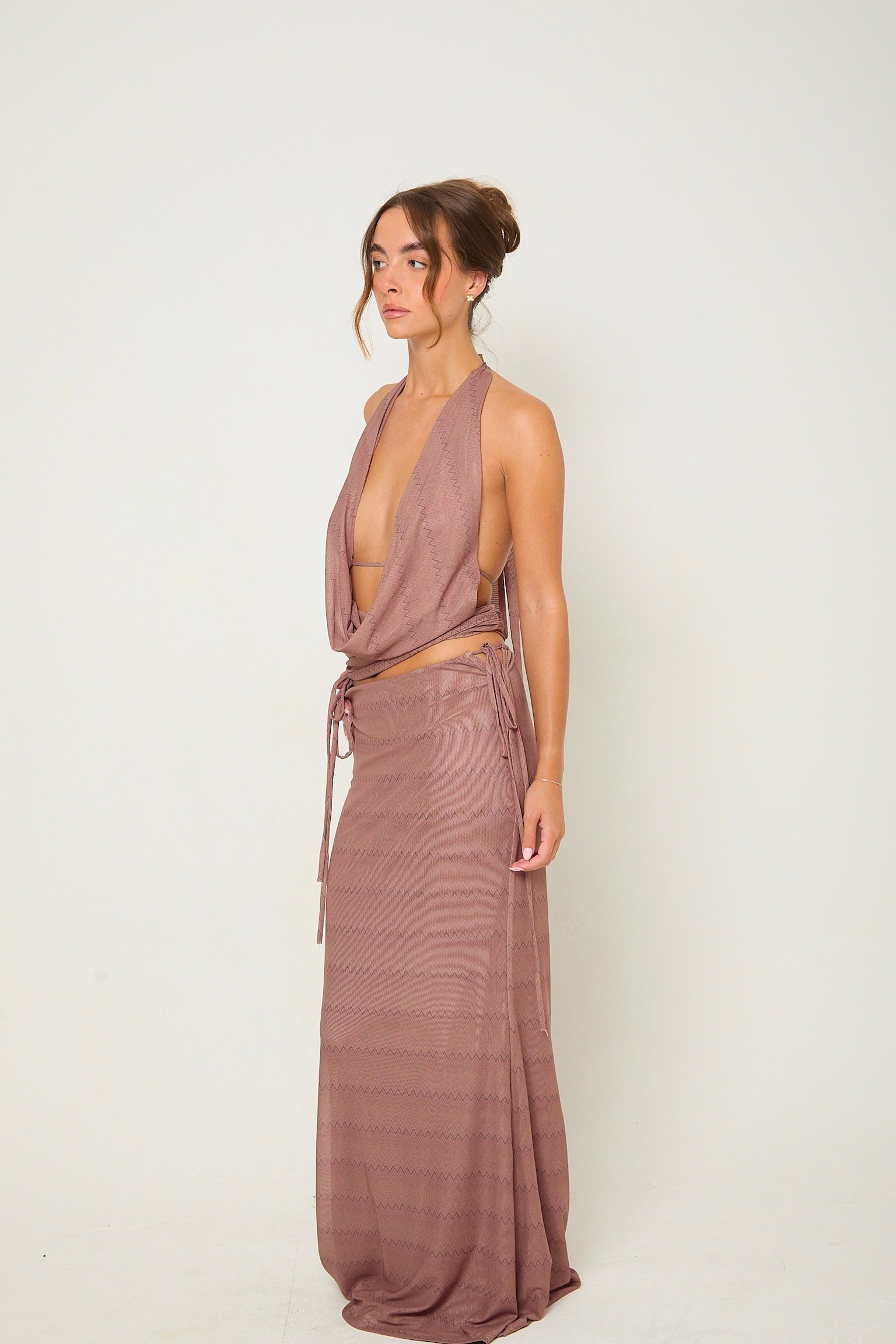 Romy Mesh Cowl Maxi Skirt Co-Ord | Brown