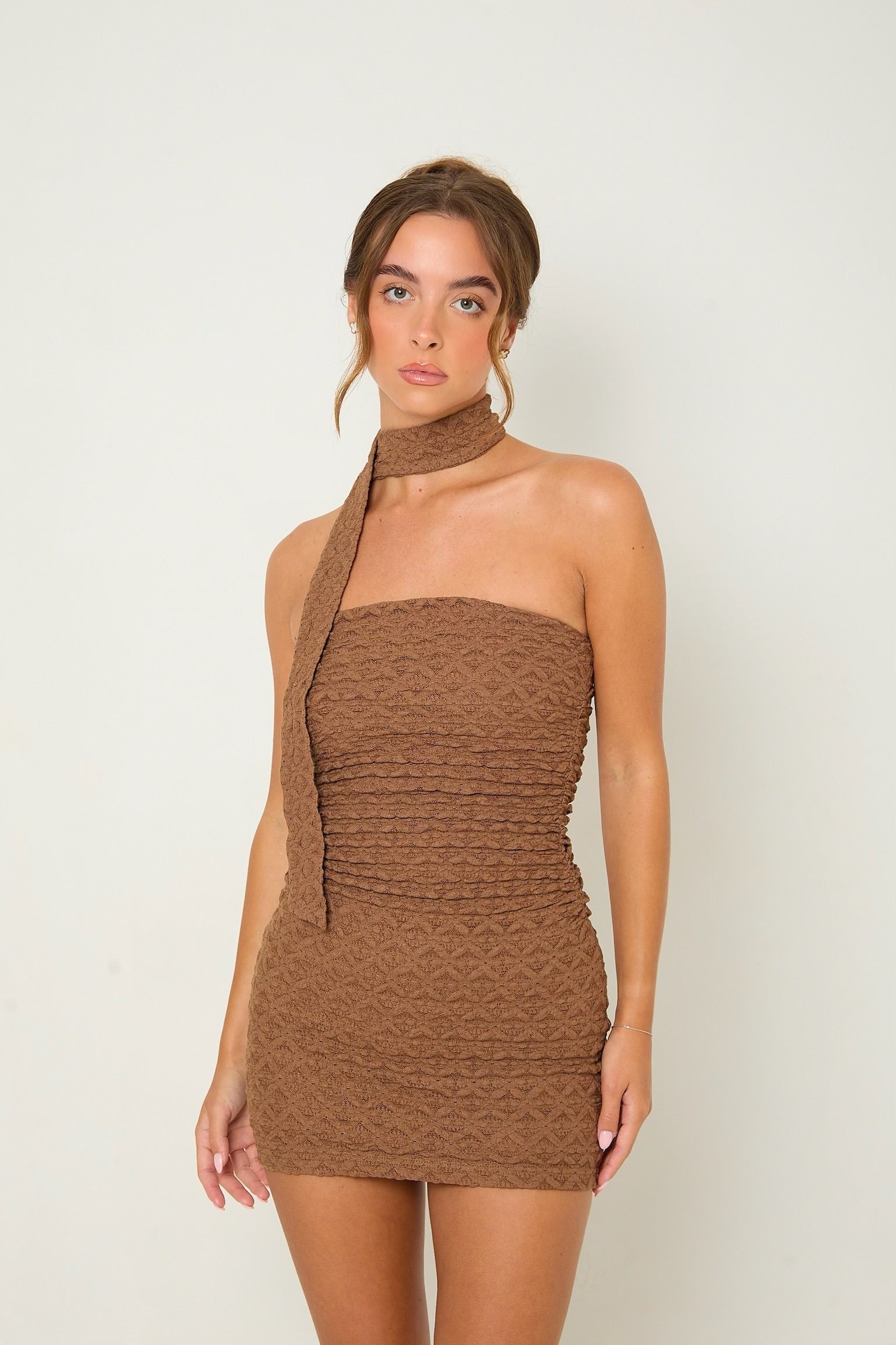 Lottie Bandeau Dress & Neck Tie | Brown