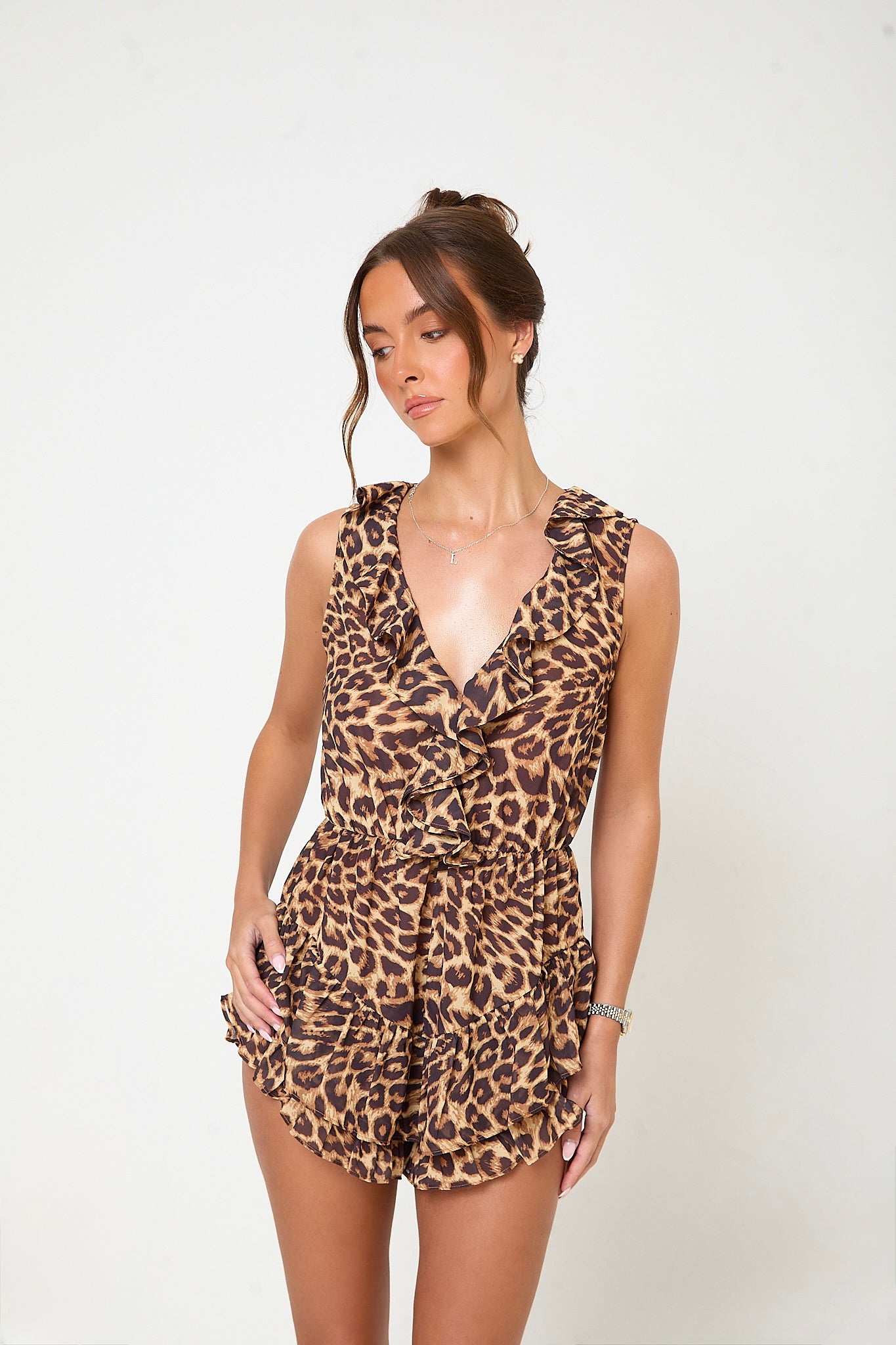 Esme Chiffon Ruffle Playsuit | Leopard