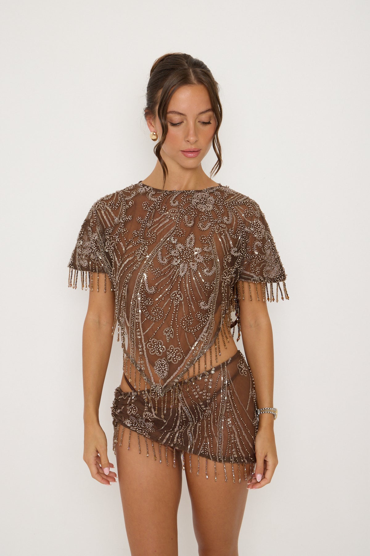 Krissy Beaded Sheer Top | Brown