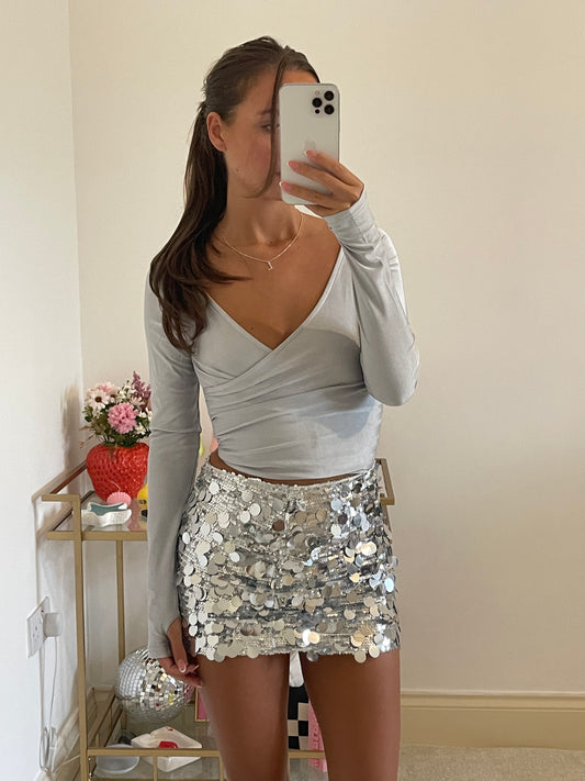 Silver Long Sleeve Crossover Top