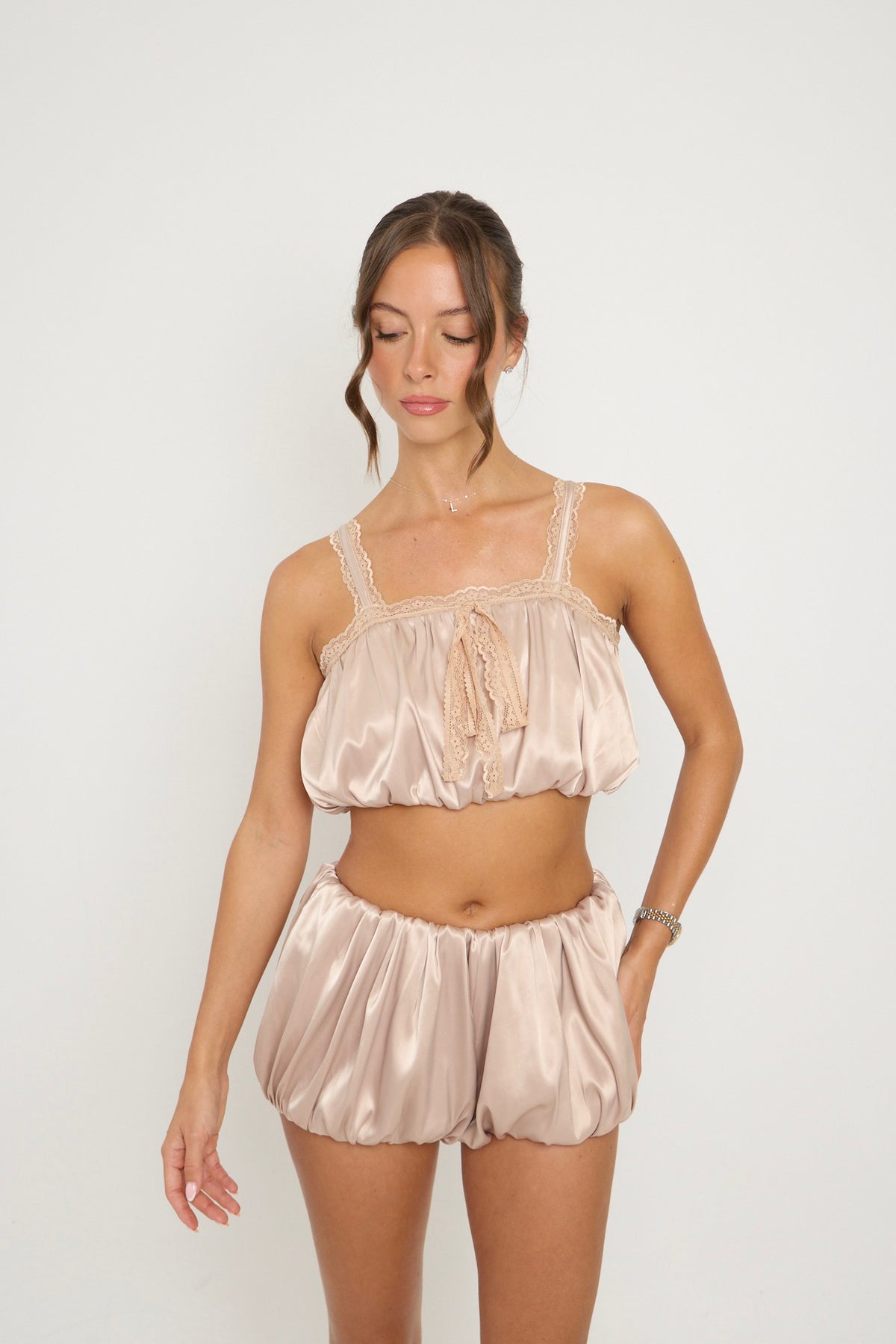 Mabel Satin Bubble Top | Beige
