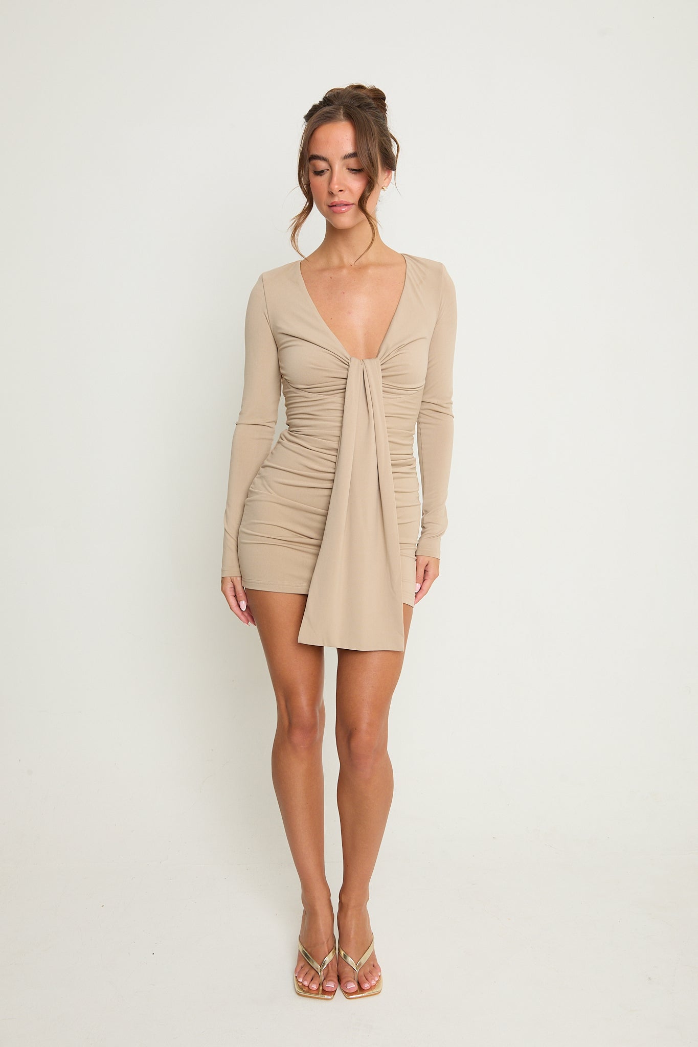 Kylie Ruched Drape Dress | Beige