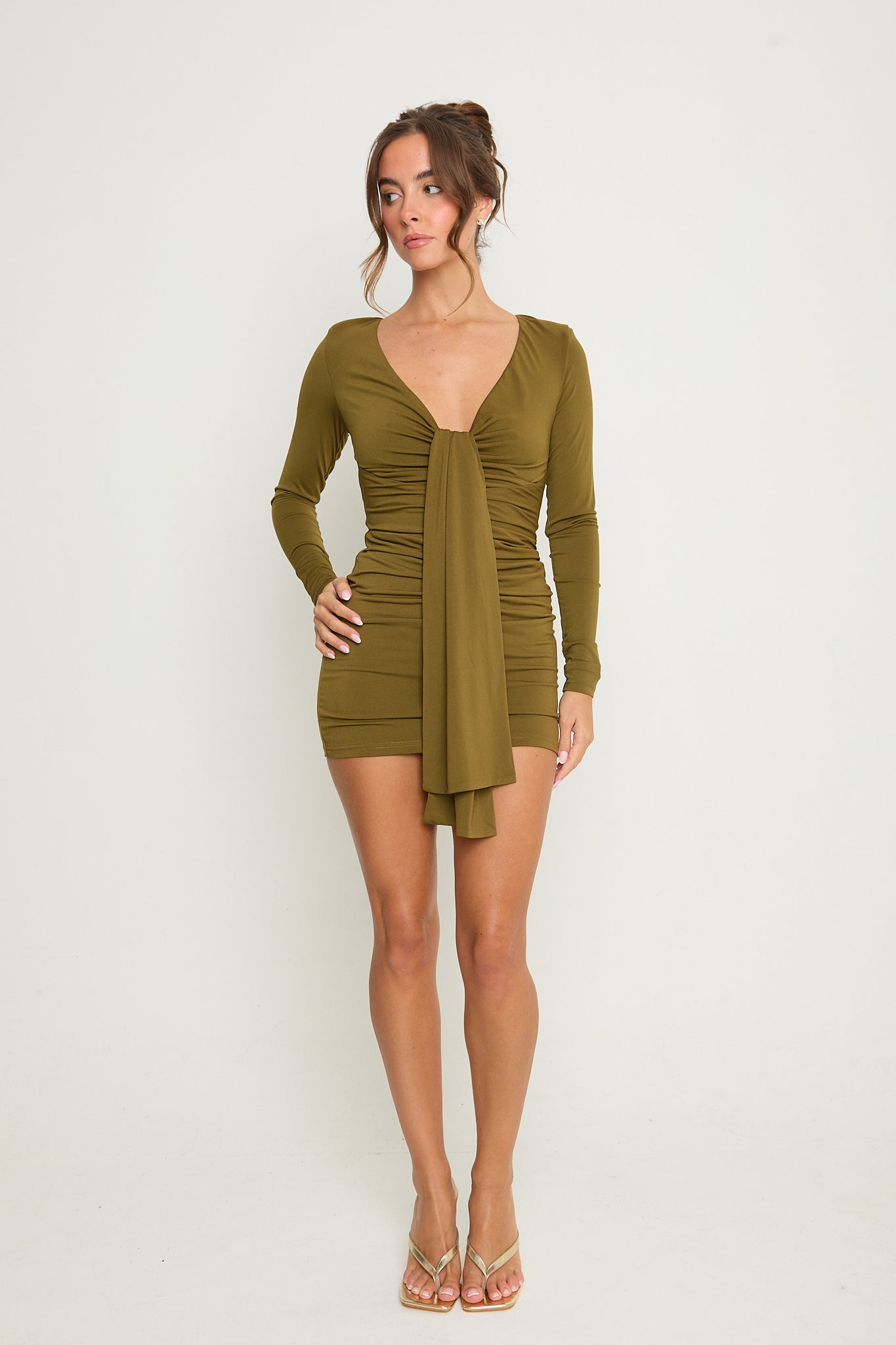 Kylie Ruched Drape Dress | Olive