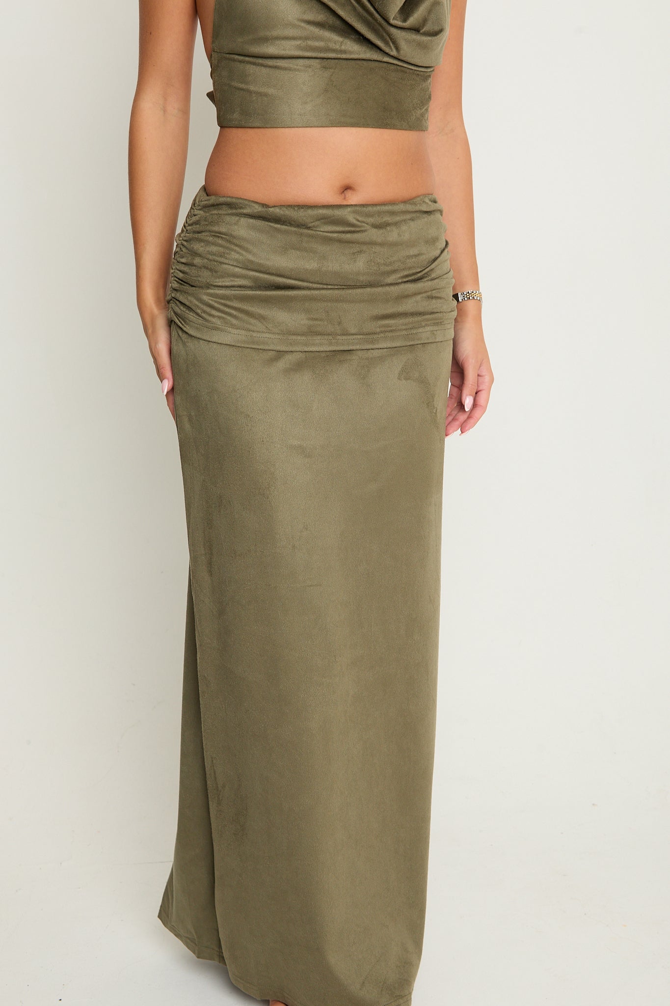 Poppy Suede Maxi Skirt | Khaki