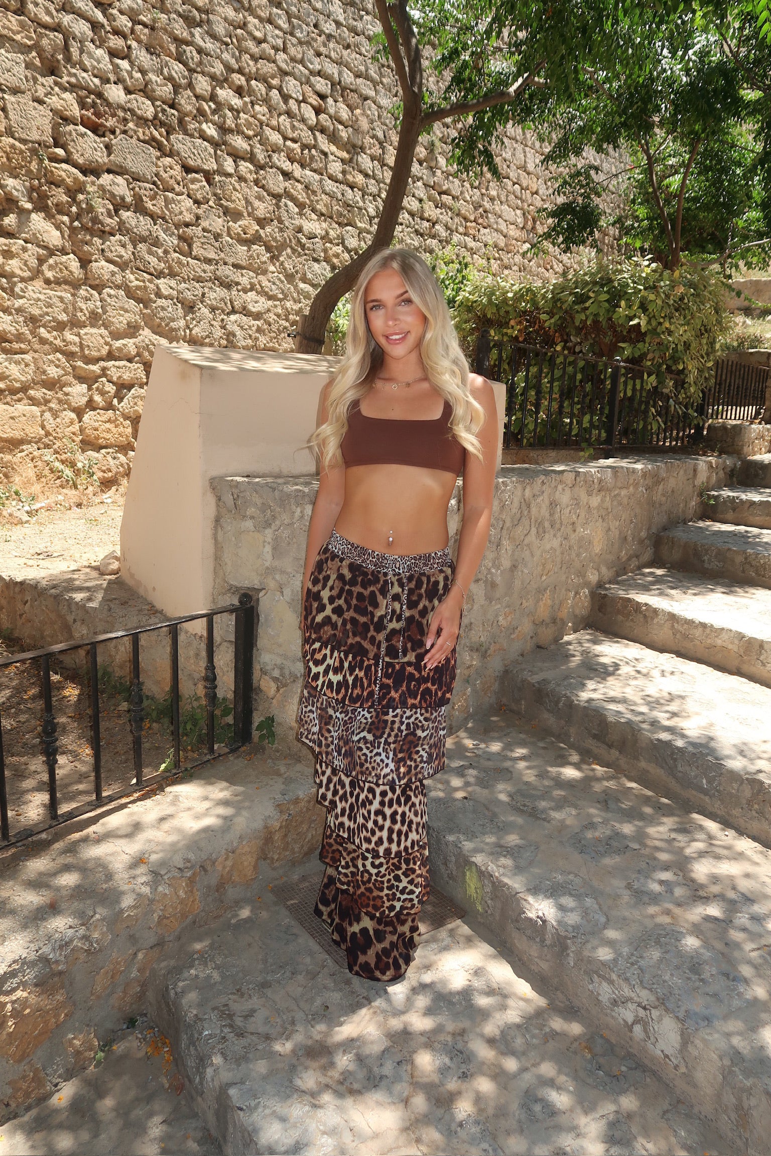 Leopard Print Maxi Ruffle Skirt